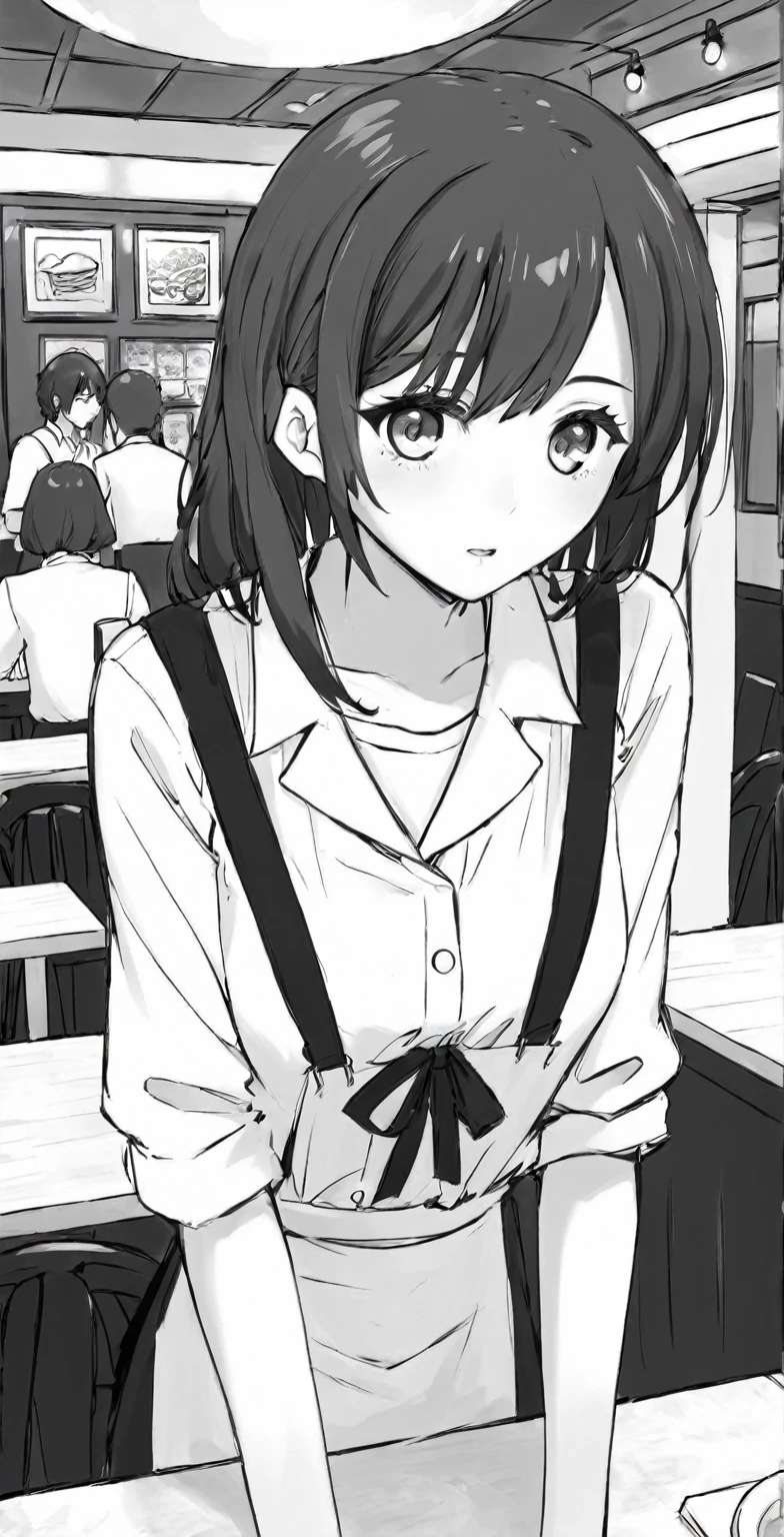  manga style black and white ,  A girl stops in the middle of the restaurant 