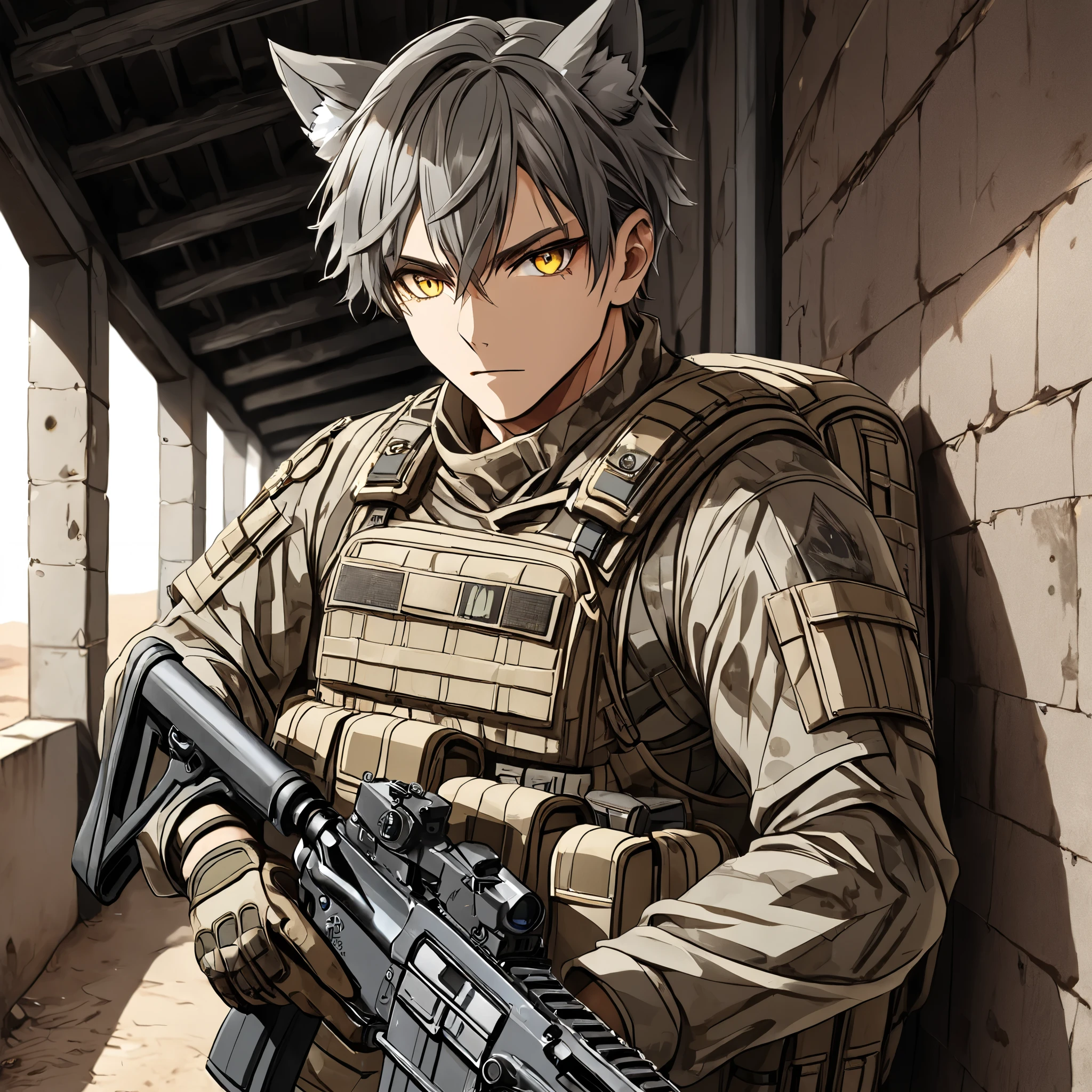 male Soldier, Man, Gray hair, ((Wolf ears)), yellow eyes, Dirty, Desert coloured military outfit, Military backpack, Holding an M4 Assualt Rifle, leaning against a wall in an alleyway in a desert tow