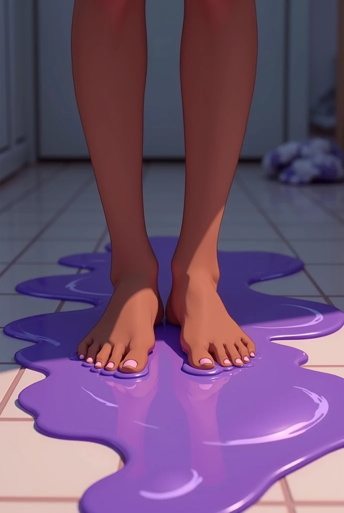 Close up of anime african-american **** female bare feet standing on a ...
