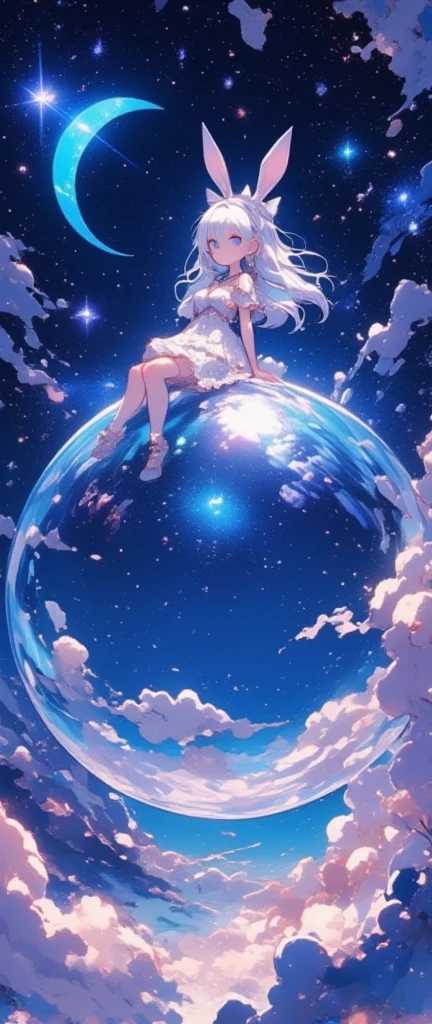 solo, sitting on bubble\(huge,gigantic, elasticity,soft,beautiful,shining in vivid cosmic color,deflecting under the weight,floating high,transparent,aat stary sky\) 1girl\(chibi,cute,kawaii,white hair,long hair,bangs,ear\(fluffy white bunny-ear\),red eye,big eye,beautiful shiny eye,skin color white,big hairbow,white frilled dress,breast,white rabbit tail at coccyx,\). .background\(at very high night sky,stars, big blue calescent-moon\). long shot. view looking up from ground