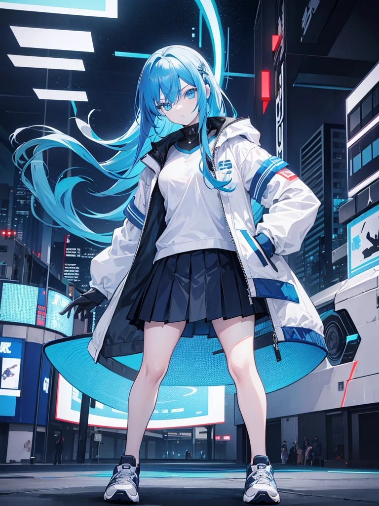 full body, cyberpunk, 1girl, long hair(blue hair), blue_eyes(half closed_eyes), fighting_stance, white_shirt, navy_jacket, black_skirt, sports_sneakers