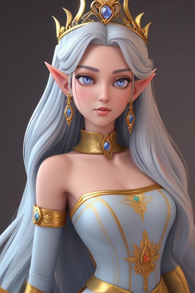  Create a 25-year-old female elf princess , Following the four topics 1st :Flat long silver hair , ( shiny silver eyes with soft light blue edges ),  your face is delicate and thin , full lips,  ear with gold diamond earrings with a pine design in the middle.  2nd athletic body ,  medium breasts,  dressed in a golden embroidered queen outfit ,  with a v-neckline ,  with a gold crown with jade stones .  3rd calm explosion ,  deep look of pride , front position. 4th (( Background started from a royal palace )),  fantasy art style ,  Ultra-detailed production , ((in 3D))