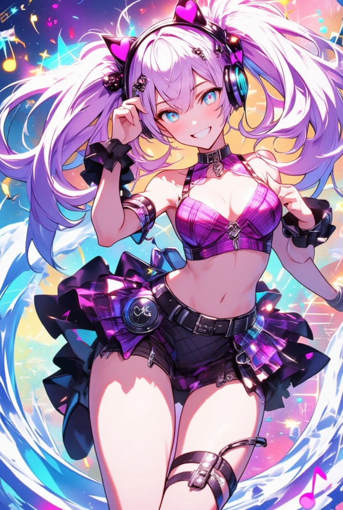 1girl, (multicolored hair, colored inner hair, pink hair, rainbow hair, huge twintails), behind-the-head headphones, heart hair ornament, musical note hair ornament, musical note hair ornament, mismatched pupils, aqua eyes, cat ear headphones, grin, (Bustier, Abdomen and navel are visible,  shows shoulders, Armpit,  Big Breasts ,  soft breasts , Accurate Fingers, anatomically correct), ( Red and Black Plaid Mini Skirt, Sheer Black Garter Belt , Slender legs),  Wave at Viewers, (UHD, masterpiece, best quality,  highres icon, anatomically correct), Background with musical notes and music chord chart motifs