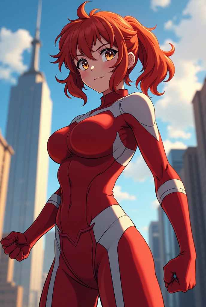 A woman 50 feet tall,pelo rojo corto，Wearing crimson tights，super heroes，Bigger than the building，Two legs，nice hand，Five fingers,((GTSCity))，50 meters high,((der riese))，((full bodyesbian))，immensity,Marvel,Giants in the city。Giants in the city,Look down in the sky