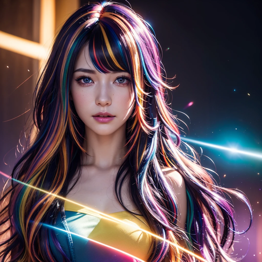 {{masterpiece}}, highest quality, Highly detailed CG Unity 8K wallpaper, cinematic lighting, Lens flare, beautiful detailed eyes, black, side line, multi-colored hair, colorful light, particle, heterochromia, (colorful:1.5), (colorful hair:1.5),
