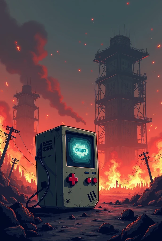 Create an image with an 8-bit console in a post-apocalyptic world engulfed in flames