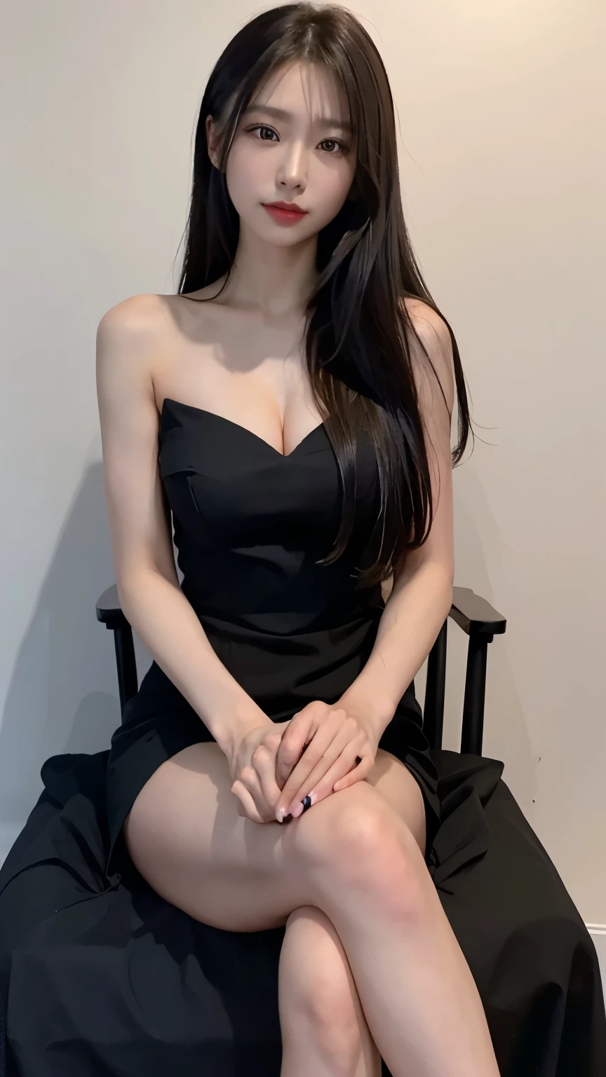 ((Best Quality, 8K, Masterpiece: 1.3)), Sharp: 1.2, Perfect Body Beauty: 1.4, Slim Abs: 1.2, ((black messy hair)), (black dress, pantyhose, sitting), (luxury couch), Highly Detailed Face and Skin Texture, Detailed Eyes, Double Eyelids,