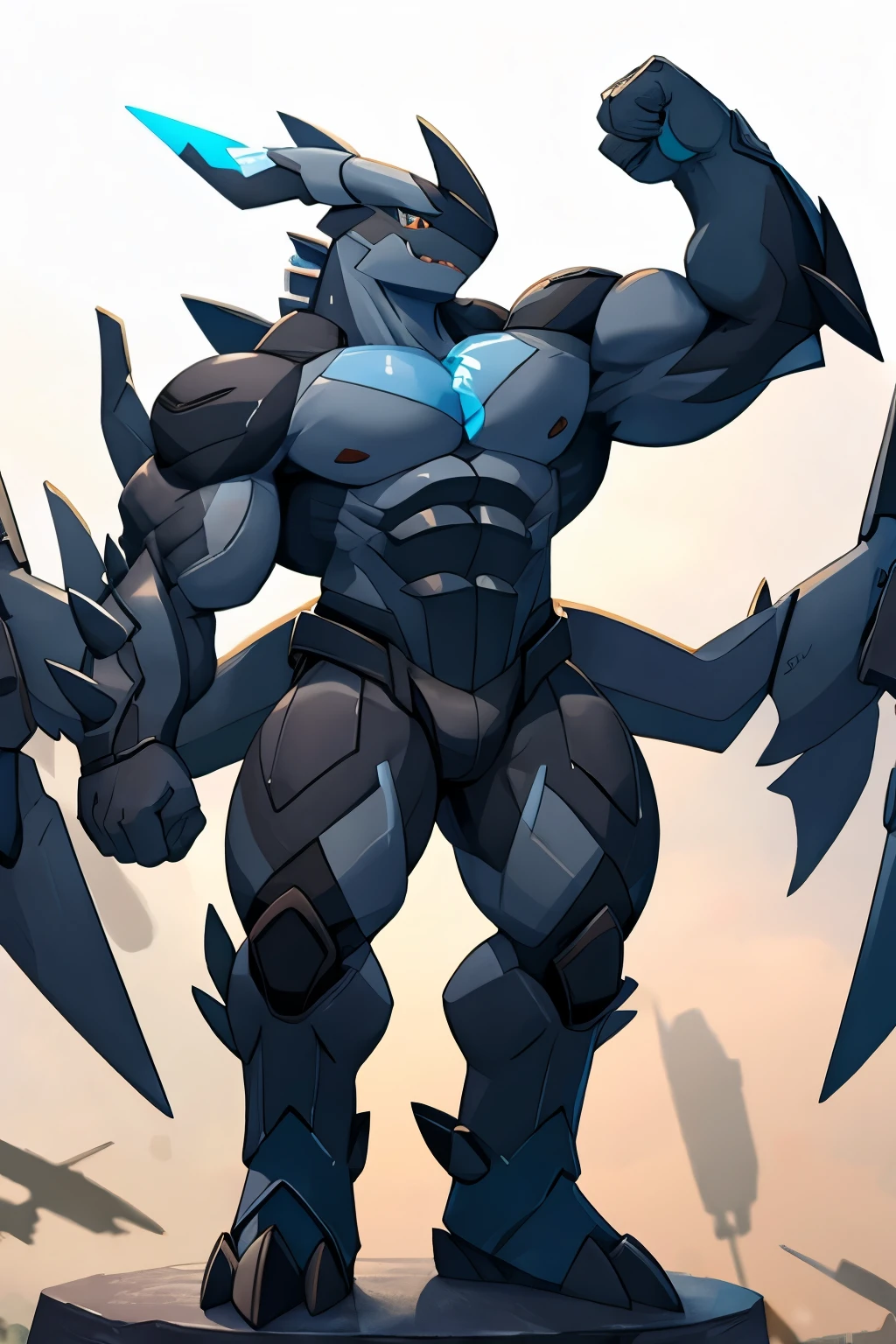 Pokemon, Zekrom, bodybuilder, arms above head, pressed against glass,