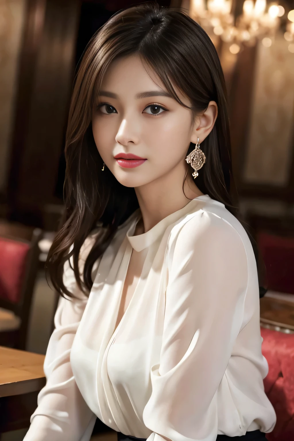 masterpiece, Highest quality, Realistic, Very detailed, Finer details, High resolution, 8k wallpaper, One beautiful woman, Wear an elegant white silk blouse, In a great restaurant, At night, Light brown messy hair, Perfect dynamic composition, Beautiful and beautiful eyes、Big earrings、Sit on a chair、Sleeveless shirt、