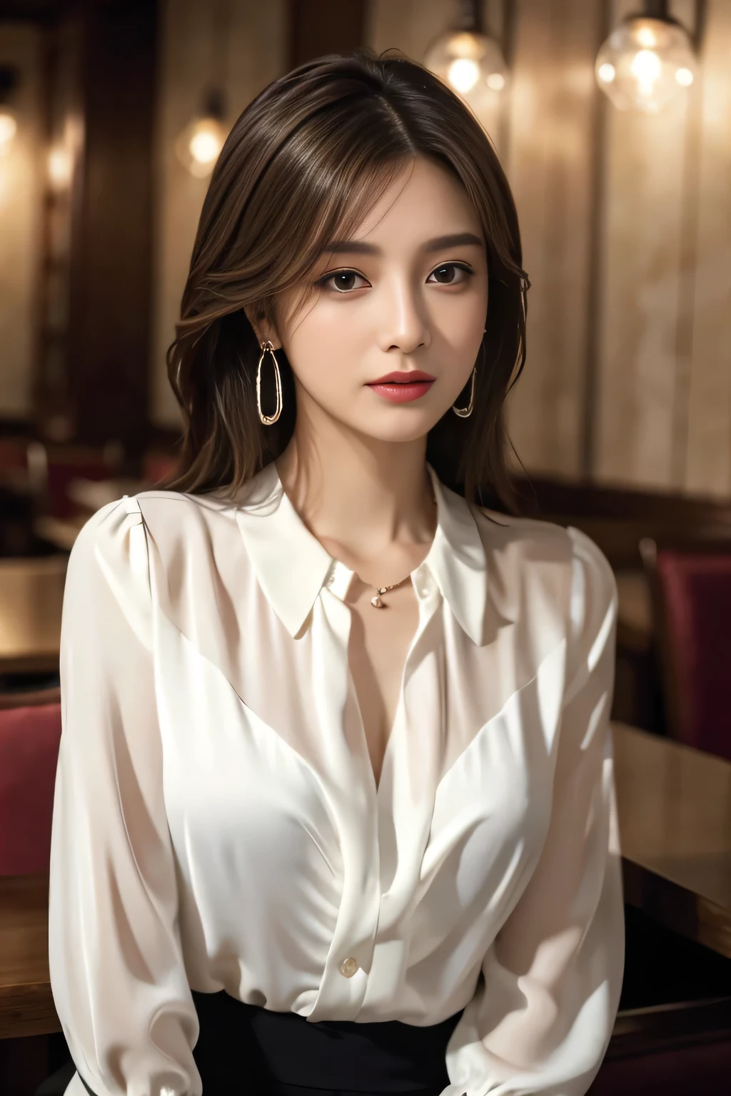 ((Kumiko Goto:1.3))Beautifully detailed face、Pale skin、Realistic glowing skin、Detailed cloth texture、Detailed hair texture、Perfect body、Beautiful Face、correct、Anatomically correct、 Highly detailed face and skin texture、Natural neck length、(Beautiful Hands)、(Fair skin:1.2)、Thin legs、Thin legs、 break 細かい目元、Symmetrical eyes、Light brown eyes、double eyelid、Thin eyebrows、(Glossy Lips:1.4)、((A kind smile:1.2))、(blush:1.1)、 break (Elegant and pretty girl:1.3)、Medium-sized large breasts、(Slim figure:1.1)、Toned Abs、Beautiful clavicle、 (Dark Blonde、Wavy Hair、Long Hair:1.2)、(Cowboy Shot:1.2)、A shy smile、Full figured supermodel standing, Full body in frame、Standing Elegantly,Silver Necklace＿Big earrings､blue long sleeve button up blouse_blue big ribbon tie_white pleated mini skirt、In a crowded café at dusk