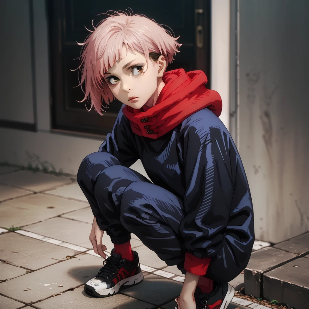 A girl with short pink hair ,  brown eyes ,  with a black blouse and pants ,  in a red hoodie and red and black sneakers