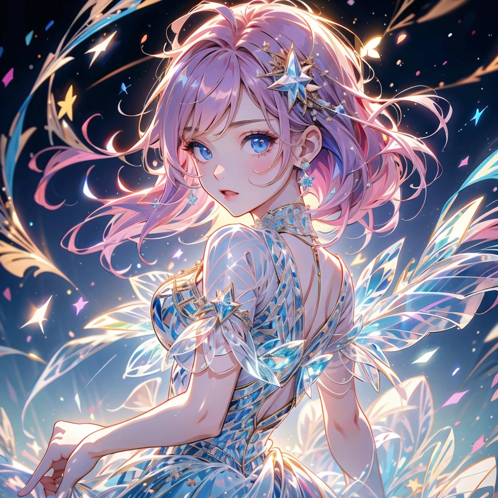 (Exquisite and beautiful、A masterpiece with attention to detail, High quality and high resolution),(A cute and delicate illustration of a beautiful girl with a clear and pure face drawn with thin lines and pastel colors),Background of beautiful flying sky lanterns in the sky on a sparkling starry night、A fairy flying happily in the sky,A fairy with beautiful fairy wings growing from its back, Wearing a frilly dress with an open neckline and knee-high socks decorated with lace, Ruffles and ribbons, corset.,She is wearing a tiara, necklace, Earrings and bracelets.,(Fair skin, A fairy with pale pink cheeks and short eyebrows, A small toothless mouth and plump pink lips, Beautiful Eyes, And quite large, Fluffy bust.),Lanterns fly up into the sky and the moon, You can see stars and shooting stars,Vibrant watercolor colors, Striking colors, Dynamic angle,Cute Dream,