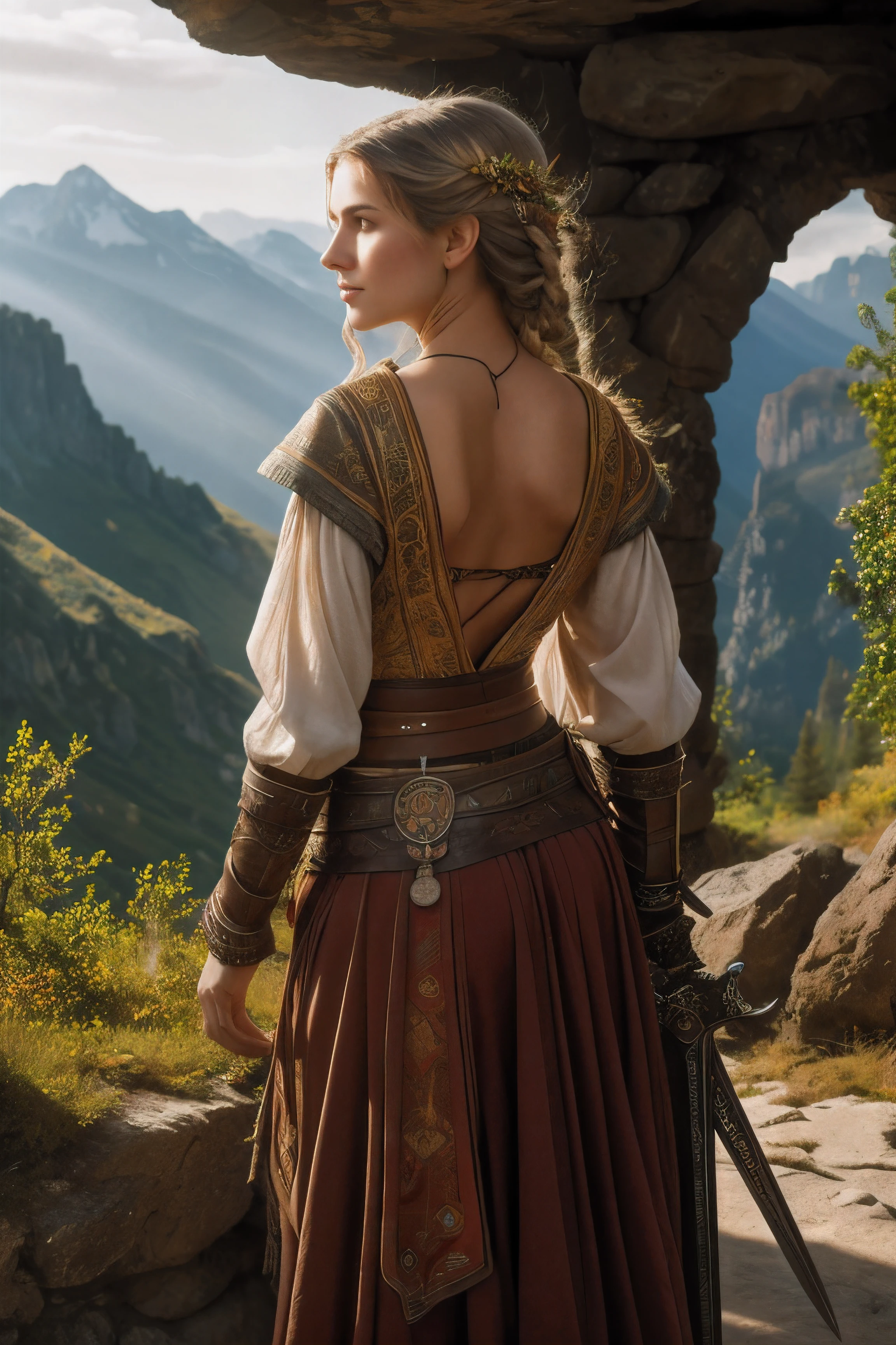 (photorealism:1.2), beautiful woman elf with sword standing on a high mountain-ledge overlooking a valley, wearing light leather clothes and minimal metal armor for maximum agility, her skirt falls smoothly over her curves , long white-grey hair cascading down to the small of her back, She overlooks a taiga forest in a valley with rough terrain,soft lighting, relaxed pose, back to viewer, looking away from viewer into the distance, realistic, epic cinematic intricate details, warm colors, by Greg Rutkowski, by Alphonse Mucha