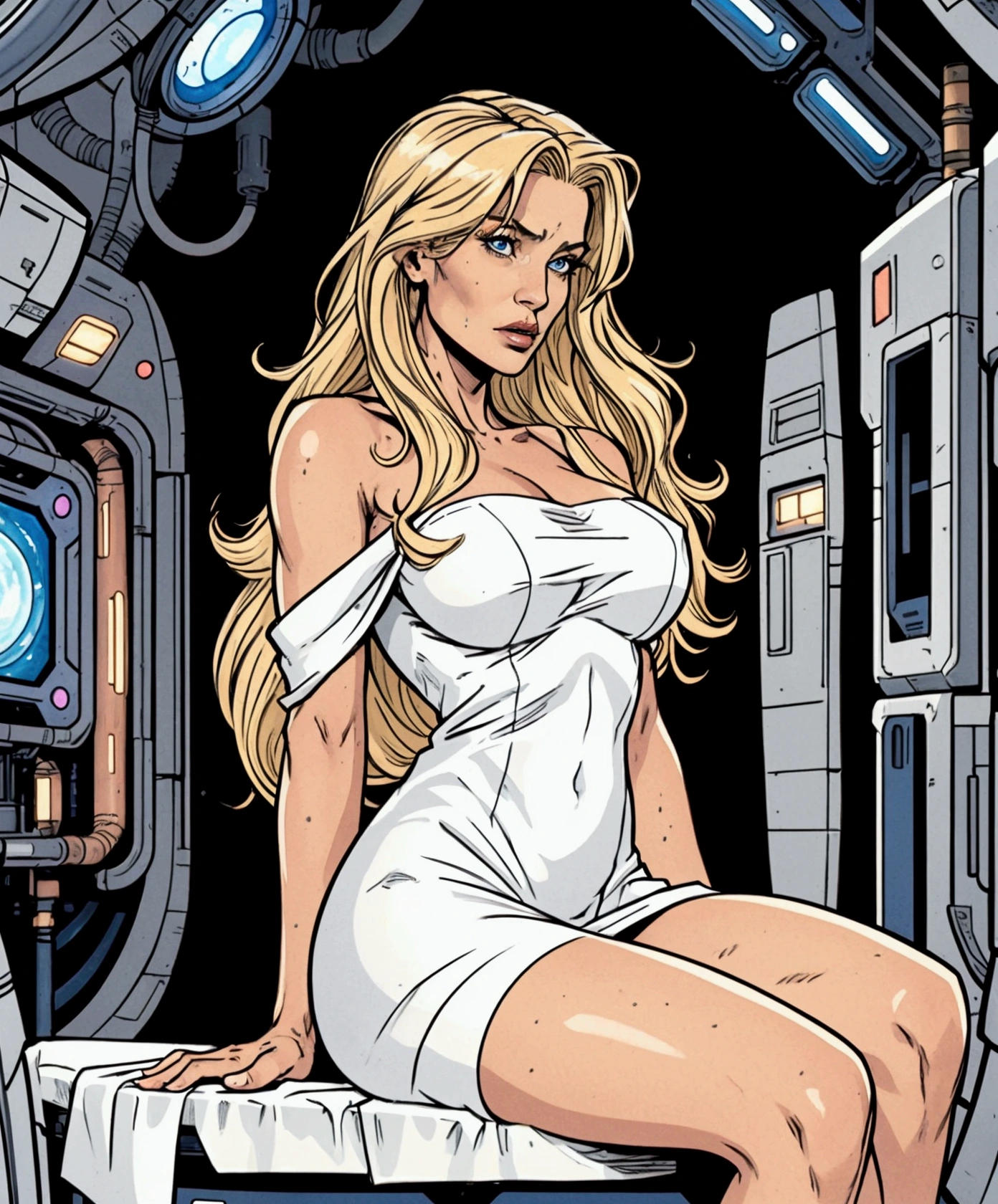 1950s retro comic, slender hot blonde space girl (realistic proportions) with a close-fitting astronaut suit, cleavage, she looks at the camera, background: planets, nebula, stars, spaceships, rayguns, lasers, aliens, monsters, alien cities, alien vegetation