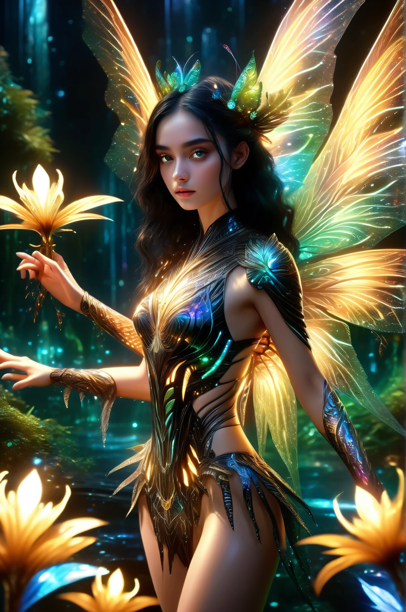  (((imagem hiper-realistic FULLHD 8K:1.5))) ((( a beautiful 18-year-old thin androgenic fairy without a belly )))  with futuristic prismatic wings coming out of a cybernetic flower,   strong glowing wings extended from her back  , ((( black hair,  glowing real amber eyes ))), symbiotic trees ,  one-piece lace swimsuit  , ((( looking sexy at the viewer ))), (8k fullHD), high detailed skin, foto RAW, realistic, skin texture, absurdres,  silhouette ,  movie grain, HD, sharp, ((( symmetrically perfect image in every detail )))