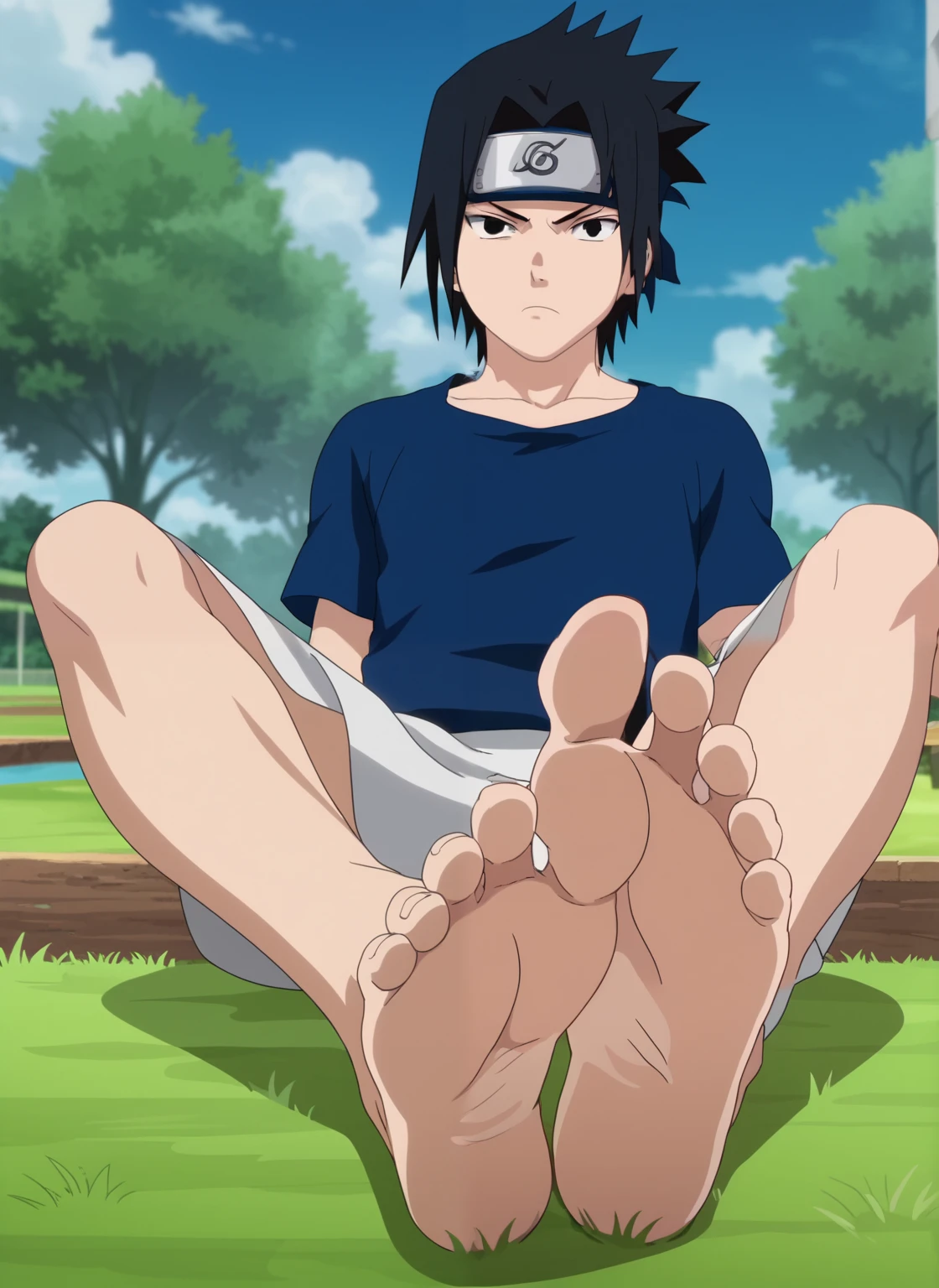 score_9, score_8_up, source_anime,
1boy, Sasuke Uchiha, black hair, short spiky hair, dark eyes, , alone, looking at viewer, serious expression, standing, cowboy shot, ANIME SCREENCAP, blue camisole, white skirt, anime coloring, in a garden, barefoot, perfect feet, anatomically correct, soles, low angle, focal length 35mm, each foot has five toes, front, symmetrical soles, foot focus, sitting on the grass,, crossed legs