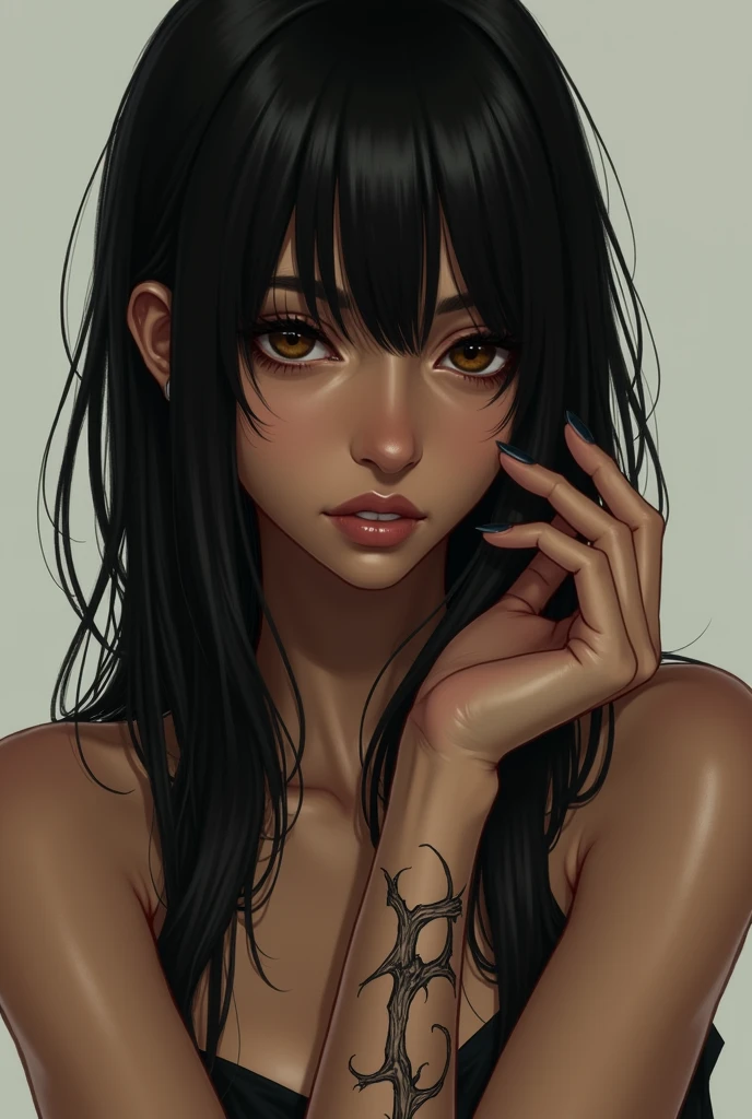 1girl black hair yellow eyes very long hair pale skin crying close up cleavage sad