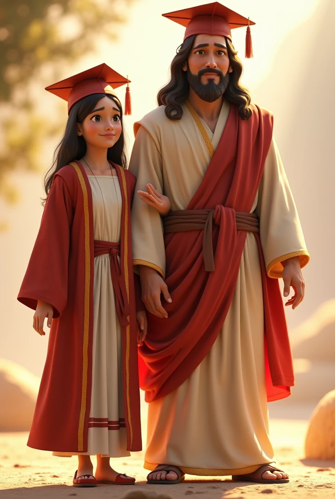In the heart of a serene and lush landscape, a realistic biblical family is depicted. The father, with a strong and noble appearance, has a well-groomed beard and piercing blue eyes. He is dressed in simple yet elegant clothing, reflecting the humility and piety of the era. The mother, by his side, has long, wavy brown hair that cascades down her back. Her eyes are filled with warmth and compassion, radiating the love she has for her family. Their children are depicted with innocent faces and bodies filled with the energy and vivacity of youth. They are dressed in clothes typical of the biblical era, each piece meticulously crafted to capture the essence of the