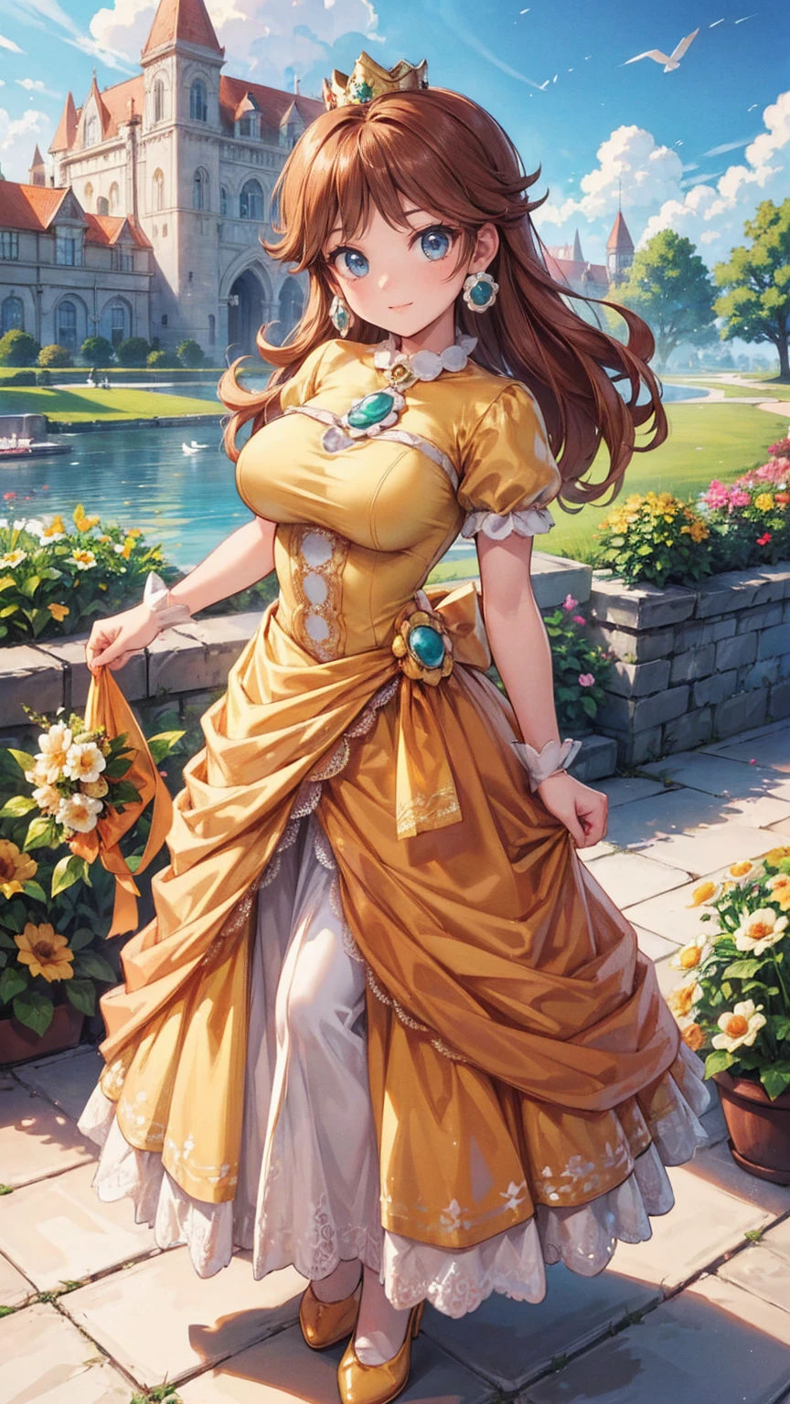 ((((masterpiece, best quality ,Ultra delicate, perfect face,detailed face,Detailed eyes,16k,high resolution,solo)))),Princess daisy super mario, brown hair, blue eyes, short products hair, gold princess crown, flower earrings, yellow long dress, puffy short sleeves, flower brooch, smile, flower garden, sky, cloudy sky, anime waifu style,full body shot,large breasts