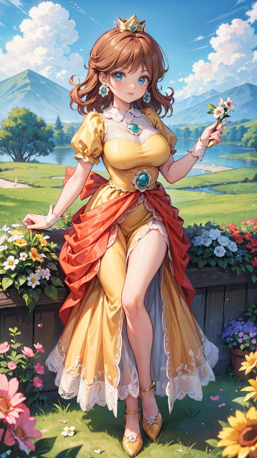 ((((masterpiece, best quality ,Ultra delicate, perfect face,detailed face,Detailed eyes,16k,high resolution,solo)))),Princess daisy super mario, brown hair, blue eyes, short products hair, gold princess crown, flower earrings, yellow long dress, puffy short sleeves, flower brooch, smile, flower garden, sky, cloudy sky, anime waifu style,full body shot,large breasts