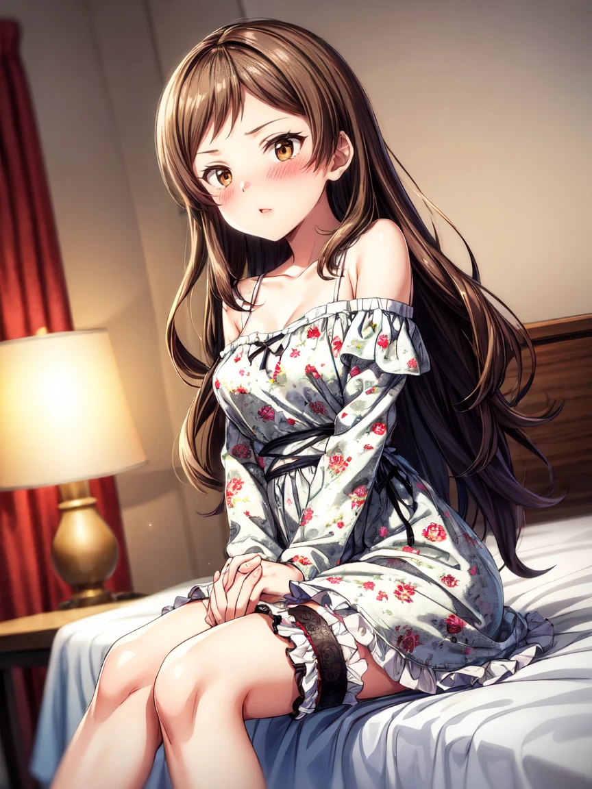 masterpiece, best quality, very aesthetic, absurdres, kitazawa shiho, sexy-beautiful, 1girl, solo, sitting, blush, looking at viewer, brown eyes, crossed legs, brown hair, bare shoulders, collarbone, own hands together, open mouth, blurry background, parted lips, depth of field, lamp, frills, white dress, detached sleeves, dutch angle, swept bangs, indoors, light particles, frilled dress, yellow eyes, black hair, on bed, eyebrows visible through hair, interlocked fingers, sleeveless dress, feet out of frame, puffy short sleeves, sitting on bed, black ribbon, parted bangs, floral print, white skirt, own hands clasped, halterneck, leaning forward, shiny, nightgown, off shoulder, :o, very long hair, medium breasts, bedroom, sidelocks, spaghetti strap, bokeh, light, frilled sleeves, rose print, thighs, short dress, ribbon trim, bare arms, shiny hair, legs together, smile, off-shoulder dress, black bow, arm garter, half-closed eyes, from side, bed sheet, pink dress