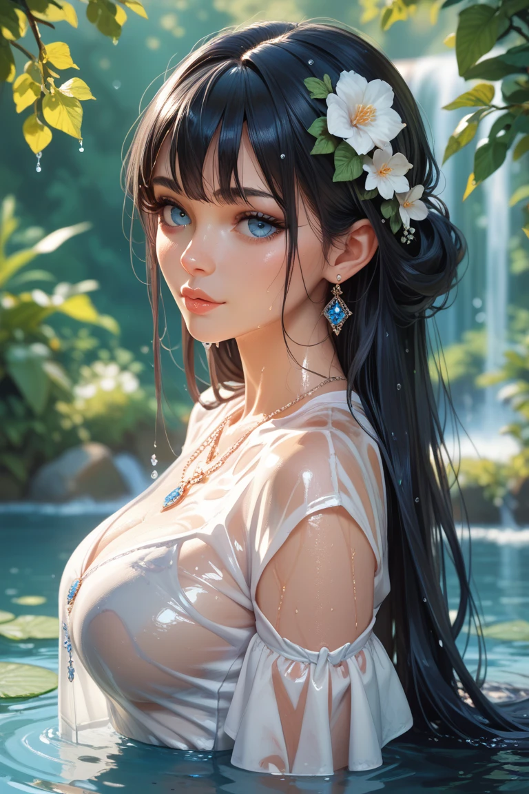 Highest quality、High resolution、Detailed Background、(Beautiful face in every detail:1.4)、Anatomically correct、Hide your fingers、(Detailed facial expressions)、(Detailed eyes:1.2)、Beautiful women in their 20s、(Highly detailed face:1.4)、(Huge breasts:1.2)、Cute hair colour、Braided long hair、Wavy Hairstyle、well-groomed eyebrows、Cute Eye Makeup、Cute Lip Makeup、Perfect body line、Accentuate your breasts、Accentuate your cleavage、(Underboob:1.2)、(No bra:1.2)、A big smile、smile、
The see-through dress gives off a sexy and elegant impression while still exposing the skin.、
Lace-up heel boots with a see-through design on the chest and back、
(Her clothes are wet and transparent, showing her nipples:1.5)、very beautiful