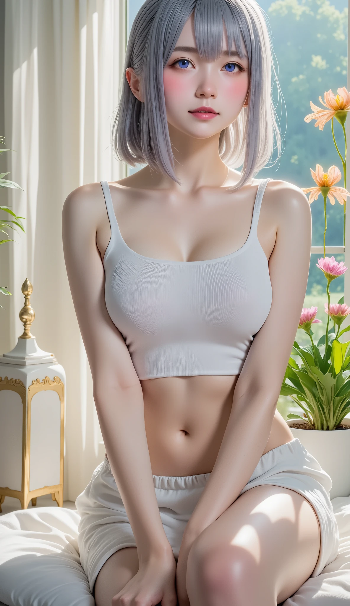   ,  One girl at home, Gray Hair,   Purple Eyes  ,    shining eyes  ,  Under a cropped top ,  skirt,   Cleft lip  , ,   knight , flower, sun, sunlight,