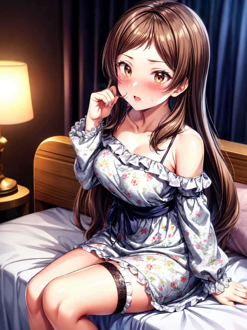 nsfw,masterpiece, best quality, very aesthetic, absurdres, kitazawa shiho, sexy-beautiful, 1girl, solo, sitting, blush, looking at viewer, brown eyes, crossed legs, brown hair, bare shoulders, collarbone, own hands together, open mouth, blurry background, parted lips, depth of field, lamp, frills, white dress, detached sleeves, dutch angle, swept bangs, indoors, light particles, frilled dress, yellow eyes, black hair, on bed, eyebrows visible through hair, interlocked fingers, sleeveless dress, feet out of frame, puffy short sleeves, sitting on bed, black ribbon, parted bangs, floral print, white skirt, own hands clasped, halterneck, leaning forward, shiny, nightgown, off shoulder, :o, very long hair, medium breasts, bedroom, sidelocks, spaghetti strap, bokeh, light, frilled sleeves, rose print, thighs, short dress, ribbon trim, bare arms, shiny hair, legs together, smile, off-shoulder dress, black bow, arm garter, half-closed eyes, from side, bed sheet, pink dress