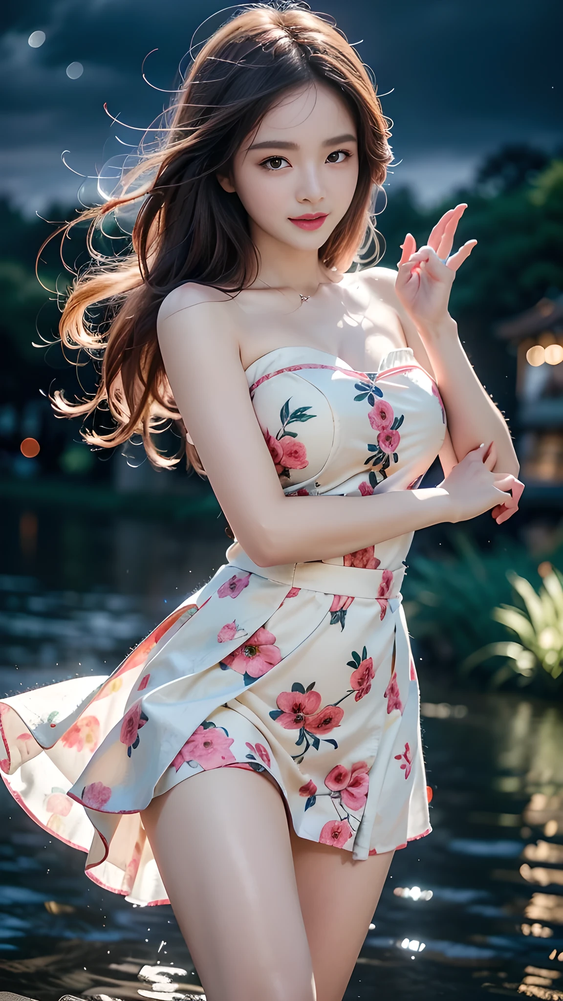 (RAW photos,4K,tmasterpiece,A high resolution,extremly intricate)(realisticlying:1.8),cinematic lighting 1girl, Single focus, Summer noon, thermography, 1990's\(styled\), outside,(Huge breasts3.8),Blank background,maroon hair,ssmile,In a huge flower field,Superskirt,Flower hairpins