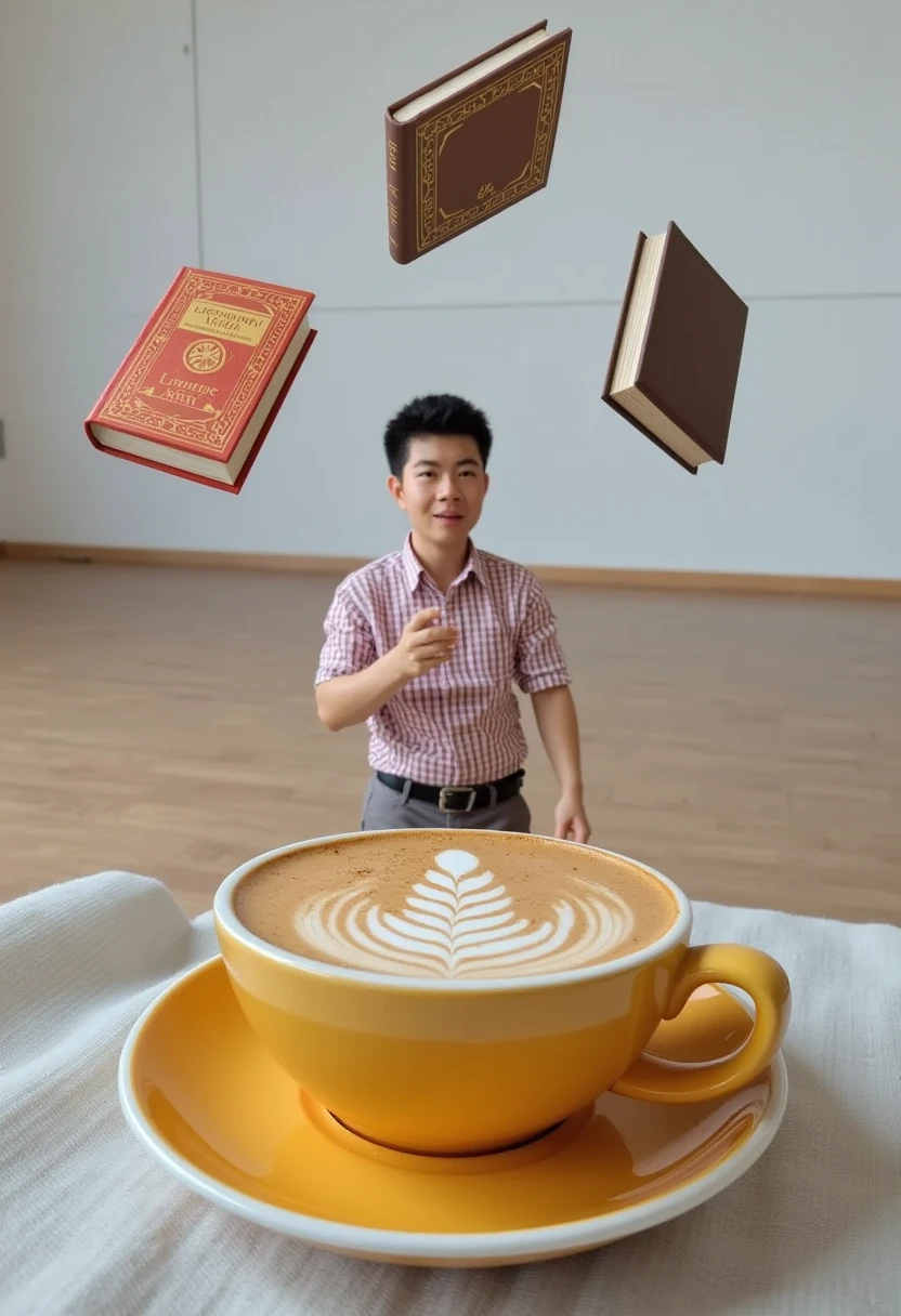 Latte cups with latte art that looks like people are teaching books in 3D, It's like it's floating above the surface of a coffee, .