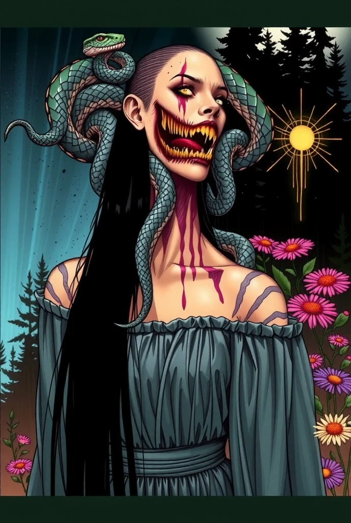 t shirt design, create a menacing black t-shirt with a feminine zombie motif inspired by heavy metal aesthetics. The artwork features an elegant zombie woman curled sinuously, its scales shining in the dim light. the zombie woman&#39;The mouth is wide open, revealing rows of sharp teeth dripping with blood, exuding a raw feeling, primitive aggression, clear sky and bright sun in the background, improving the sinister atmosphere of the design. the zombie woman&#39;the eyes shine with a malevolent shine, capturing the essence of danger and violence. The overall style is bold and intense, embodying the dark and bold spirit of heavy metal.