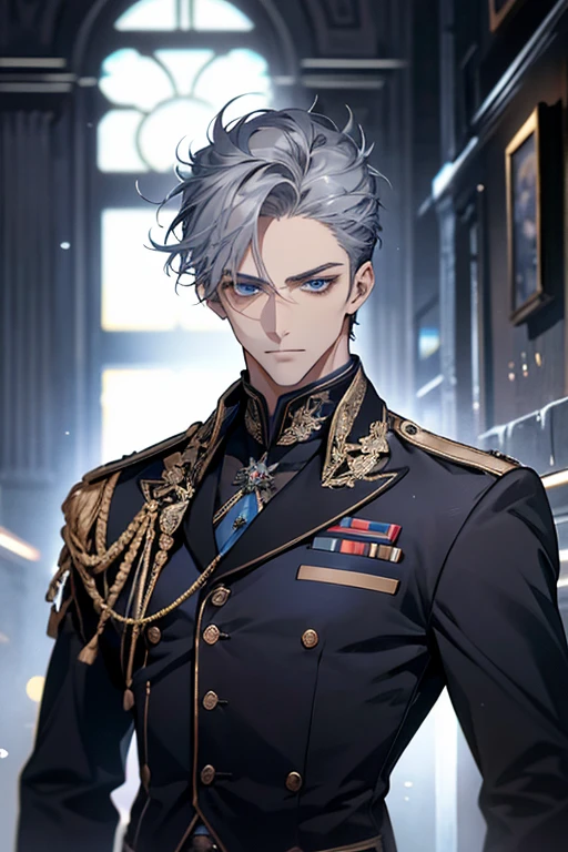 bust shot, man, 35 years old, mature man, handsome, expressionless, short gray blue hair, blue eyes, fierce, standing, black full-dress uniform