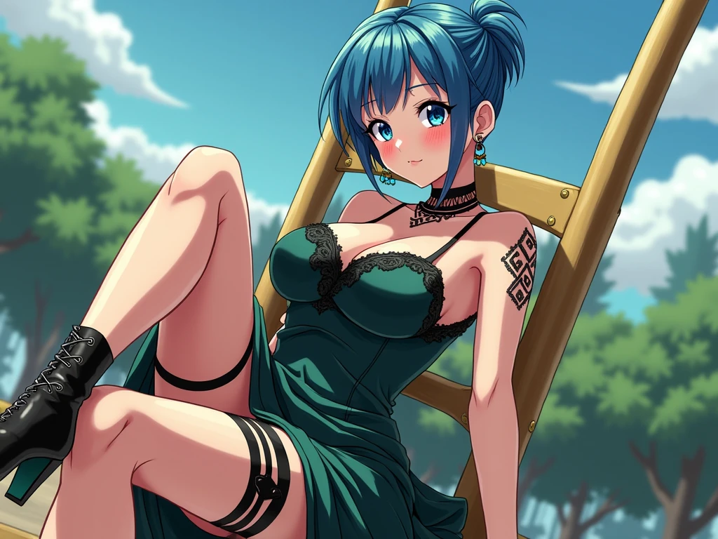 (masterpiece, best quality:1.2), 1girl, solo, medium breasts, turquoise eyes, looking away, leaning forward, crossed legs, frilled dress, medium hair, center-parted, ahoge, day, icy, frosty, snowing, outdoors, cactus garden, cacti, succulents, desert, sand, sun, prickly plants, desert life, unique terrain, sandy dunes, arid climate, warm sun, fang, excited, dimpled cheeks, small mouth, defined eyebrows