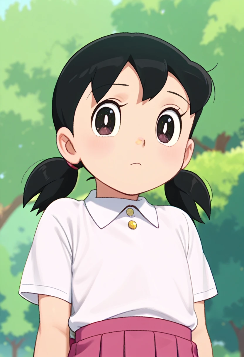 score_9, score_8_up, score_7_up, best quality, 1girl, anime screencap, anime source, 1girl, solo, Minamoto Shizuka,  black hair, Doraemon style, Pigtails, dark eyes, big eyes,