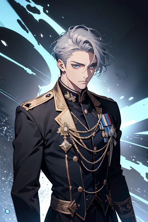 bust shot, man, 35 years old, mature man, handsome, expressionless, short gray blue hair, blue eyes, fierce, standing, black full-dress uniform