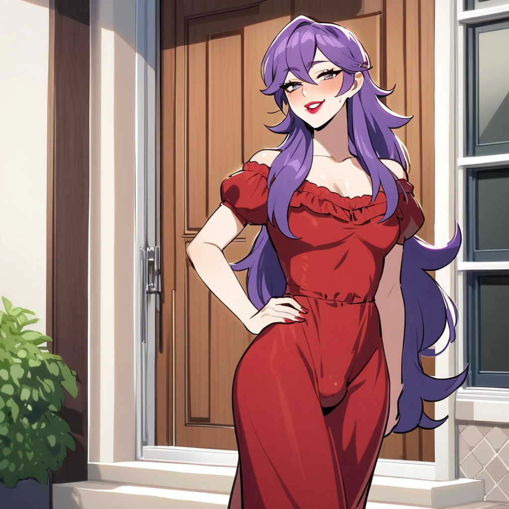 (beautiful femboy), femboy, feminine boy, feminine male, small bulge, long hair, crossdressing, male only, purple hair, milf, blushing, alone, confident, smile, house, red dress, lipstick