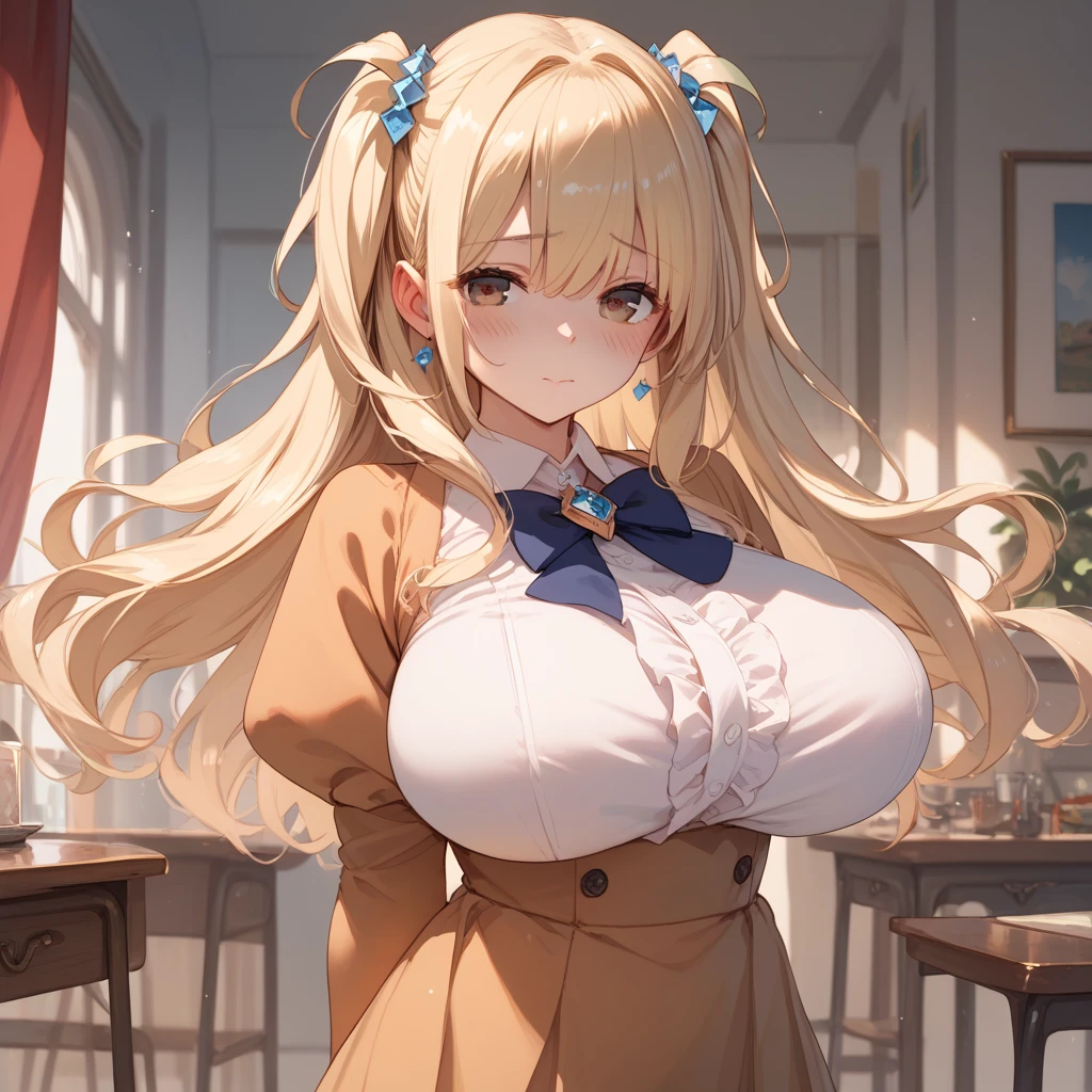 detailed illustration, close up, low camera angle, of a mature chubby woman, tia, hair ornament, white shirt, bowtie, blue cardigan, sleeves past wrists, short skirt, panties, school uniform, white thighhighs, thigh strap, jewelry, earrings, thick thighs, plump, (gigantic breasts:1.4), sitting, desk, indoors, classroom, cinematic lighting, hires, volumetric lighting, highly detailed background, masterpiece, <lora:add_detail:0.5> <lora:hairdetailer:0.5> <lora:tia-nikke-richy-v2:1>