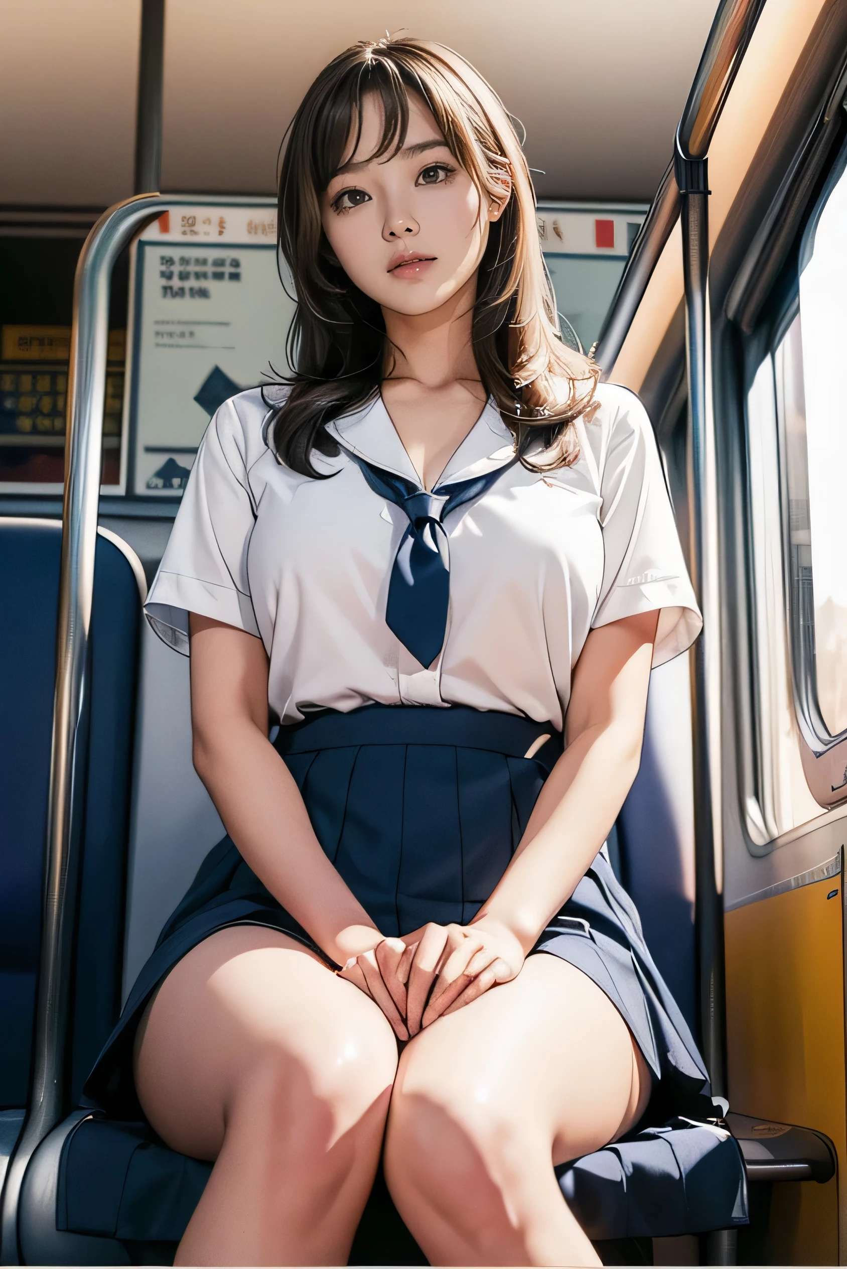 masterpiece, Highest quality, 8k, Young and beautiful girl, Baby Face、The clothes are big、photo shoot, Cute Face, Thighs, (((A lot of men、crowded train、in the train、Surrounded by men))) (((Embarrassing)))、Embarrassing、No makeup, 10 generations, Detailed face, Background Blur、Tight waist、((((School uniforms、White shirt、Checked mini skirt、Lift up your skirt、Showing pussy、Show me your pussy)))), short hair、Light brown hair、((痛みに耐えながら自分でLift up your skirtください..))、Bright classroom、Thighs、Spread your legs、short hair、(Droopy eyes、Round face、Lovely)