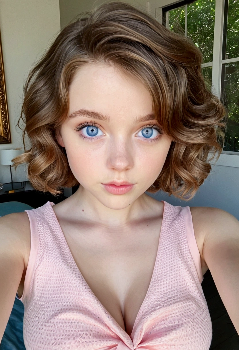 Pale young girl, young girl, big boobs, blue eyes, short brown hair, slightly wavy hair, pov selfie, pink sleeveless shirt,Tender face, adorable face, blushing,