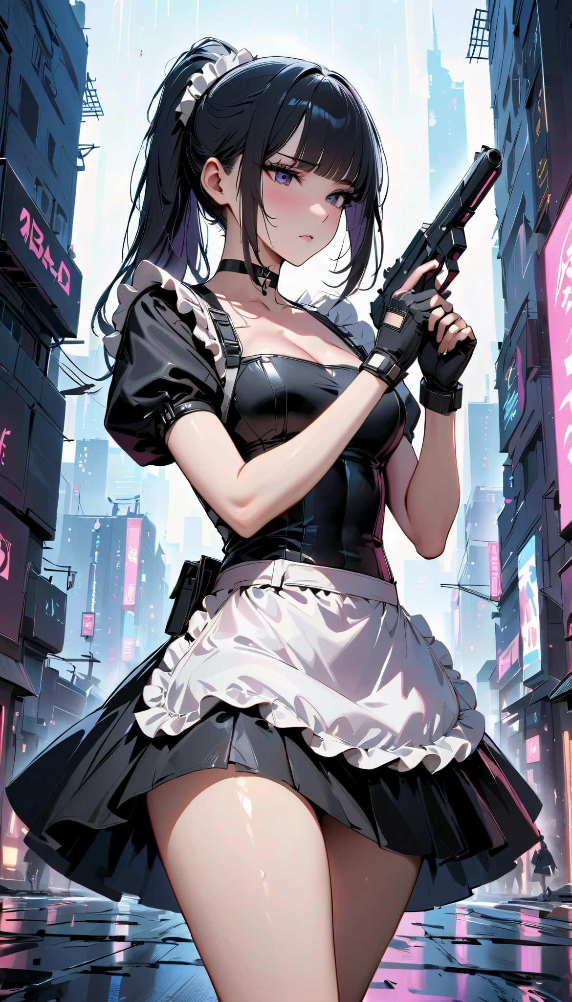 cowboy shot,1girl solo,action , ｛{{Black flared skirt with white apron:1.6}}}, shooting stance,Woman holding a small gun,small　taser gun,slim Female fighter ,maid outfit, collarbone, beautiful thighs．{{white puff sleeves:1.4}}, {{White short-sleeved puff-sleeved blouse:1.6}},black shoulder straps, black corset,Slim body,Slim　thighs ,blunt bangs, black choker. Dynamic composition,dutch angle,{{fight}},{{masterpiece}}, {{{Highest quality}}},{{Very detailed}},holster　,Fight,,{{v-shaped eyebrows}},Bad mood,blush,Sweat,raise one's eyebrows　,Black hair Long hair,Blunt bangs　,cyberpunk,hand　,Black fingerless gloves,　,White frilled apron,ponytail,Training area,Indoor