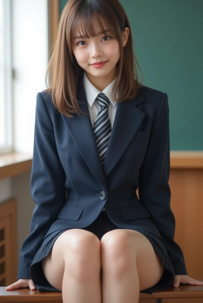 (8k), (Highest quality: 1.2), (Realistic), (Realistic: 1.37), Ultra-high resolution, (1 person), cute, smile, Beautiful details, Beautiful Nose, wet Brown hair, Two giant cells, Thighs ，Self Snap, Age 25, Green eyes and slim, Medium-sized eyes, A simple navy blue blazer, Pleated skirt, (The skirt and tie are gray tartan........:1.3),(Sheet: 1), Sit on the floor, (Hold my feet: 1), (Pink Pantyhose: 1.3), front, knees,