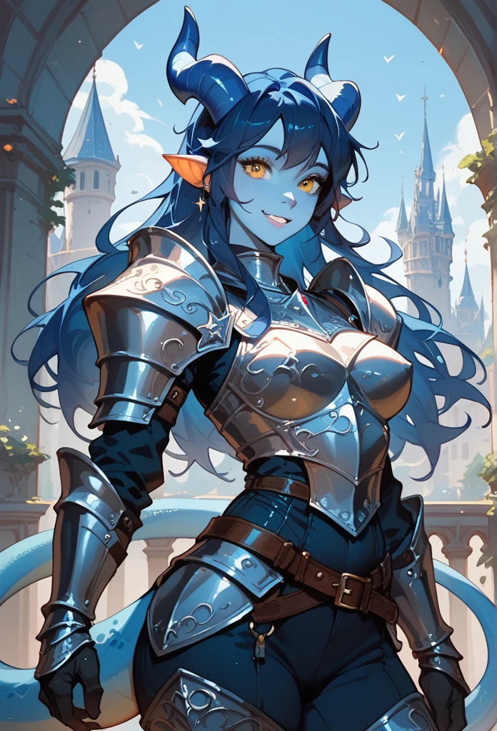 (cowboy shot) female knight, full knight armour, dark pants, Adult female kobold, with a long dark blue hair, long hair, tail, yellow eyes, blue skin, blue scale skin small blue horns, and an athletic body Small loving smile, tower background.