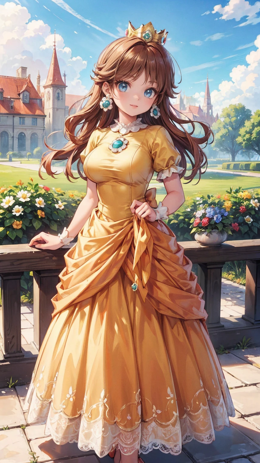 ((((masterpiece, best quality ,Ultra delicate, perfect face,detailed face,Detailed eyes,16k,high resolution,solo)))),Princess daisy super mario, brown hair, blue eyes, short products hair, gold princess crown, flower earrings, yellow long dress, puffy short sleeves, flower brooch, smile, flower garden, sky, cloudy sky, anime waifu style,full body shot,large breasts