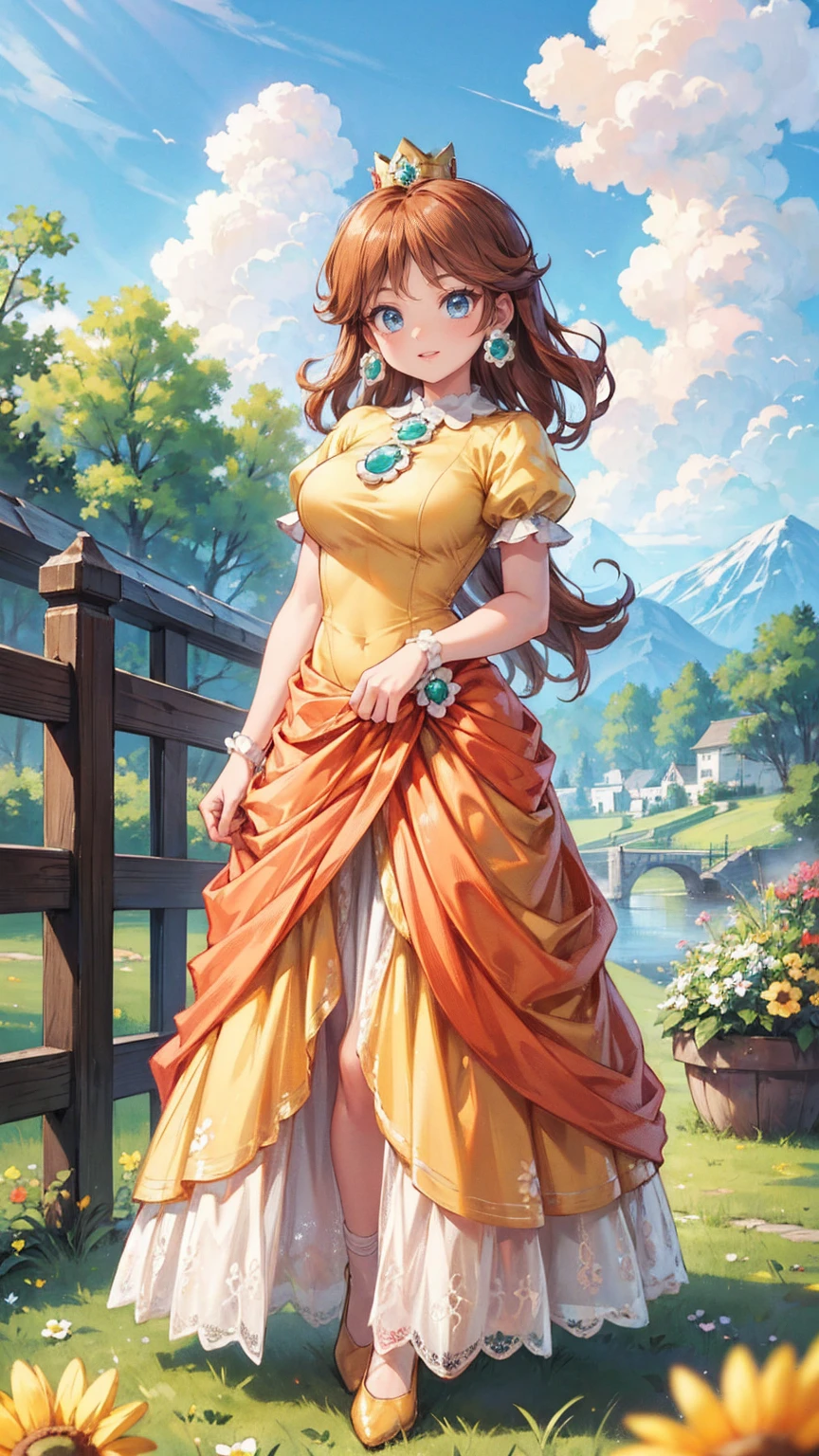 ((((masterpiece, best quality ,Ultra delicate, perfect face,detailed face,Detailed eyes,16k,high resolution,solo)))),Princess daisy super mario, brown hair, blue eyes, short products hair, gold princess crown, flower earrings, yellow long dress, puffy short sleeves, flower brooch, smile, flower garden, sky, cloudy sky, anime waifu style,full body shot,large breasts