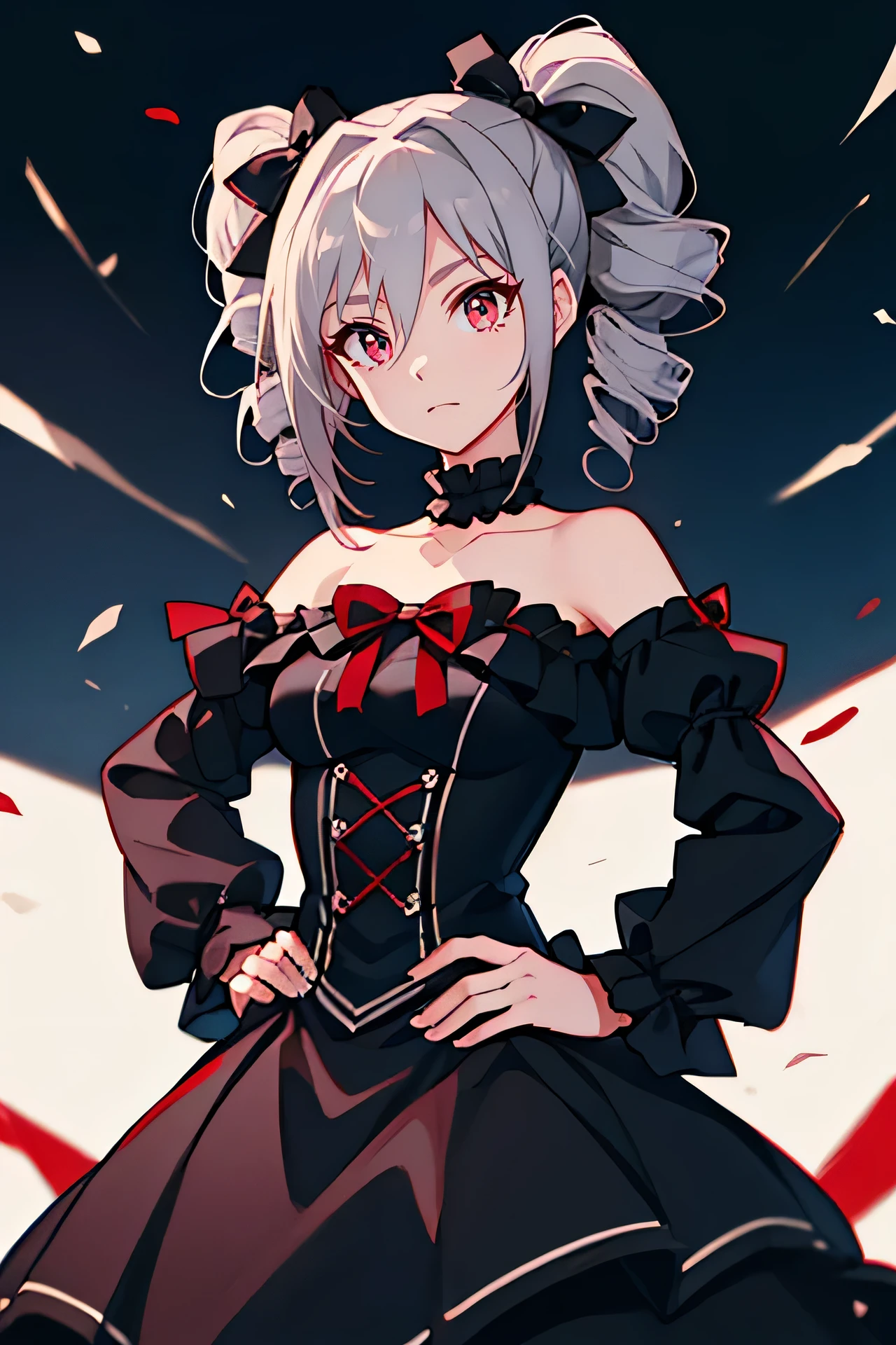 score_9,score_8_up,score_7_up,1girl,solo,cowboy shot,looking at viewer,smirk,closed mouth,hands on hips,outdoors,
cgkrk, grey hair,twin drills,hair between eyes,red eyes, black bow,black dress,off shoulder,frills,puffy sleeves