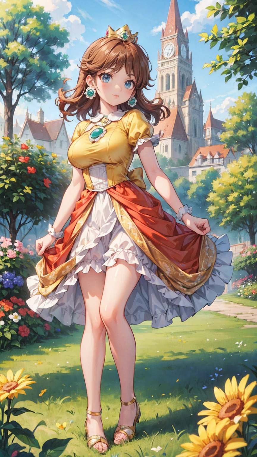 ((((masterpiece, best quality ,Ultra delicate, perfect face,detailed face,Detailed eyes,16k,high resolution,solo)))),Princess daisy super mario, brown hair, blue eyes, short products hair, gold princess crown, flower earrings, yellow long dress, puffy short sleeves, flower brooch, smile, flower garden, sky, cloudy sky, anime waifu style,full body shot,large breasts