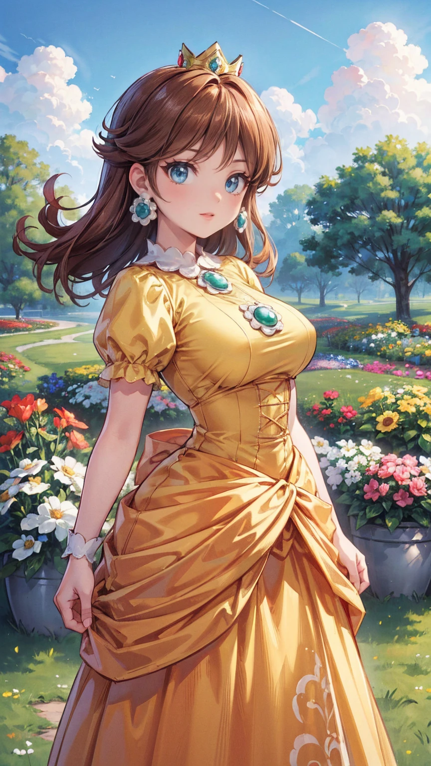 ((((masterpiece, best quality ,Ultra delicate, perfect face,detailed face,Detailed eyes,16k,high resolution,solo)))),Princess daisy super mario, brown hair, blue eyes, short products hair, gold princess crown, flower earrings, yellow long dress, puffy short sleeves, flower brooch, smile, flower garden, sky, cloudy sky, anime waifu style,full body shot,large breasts