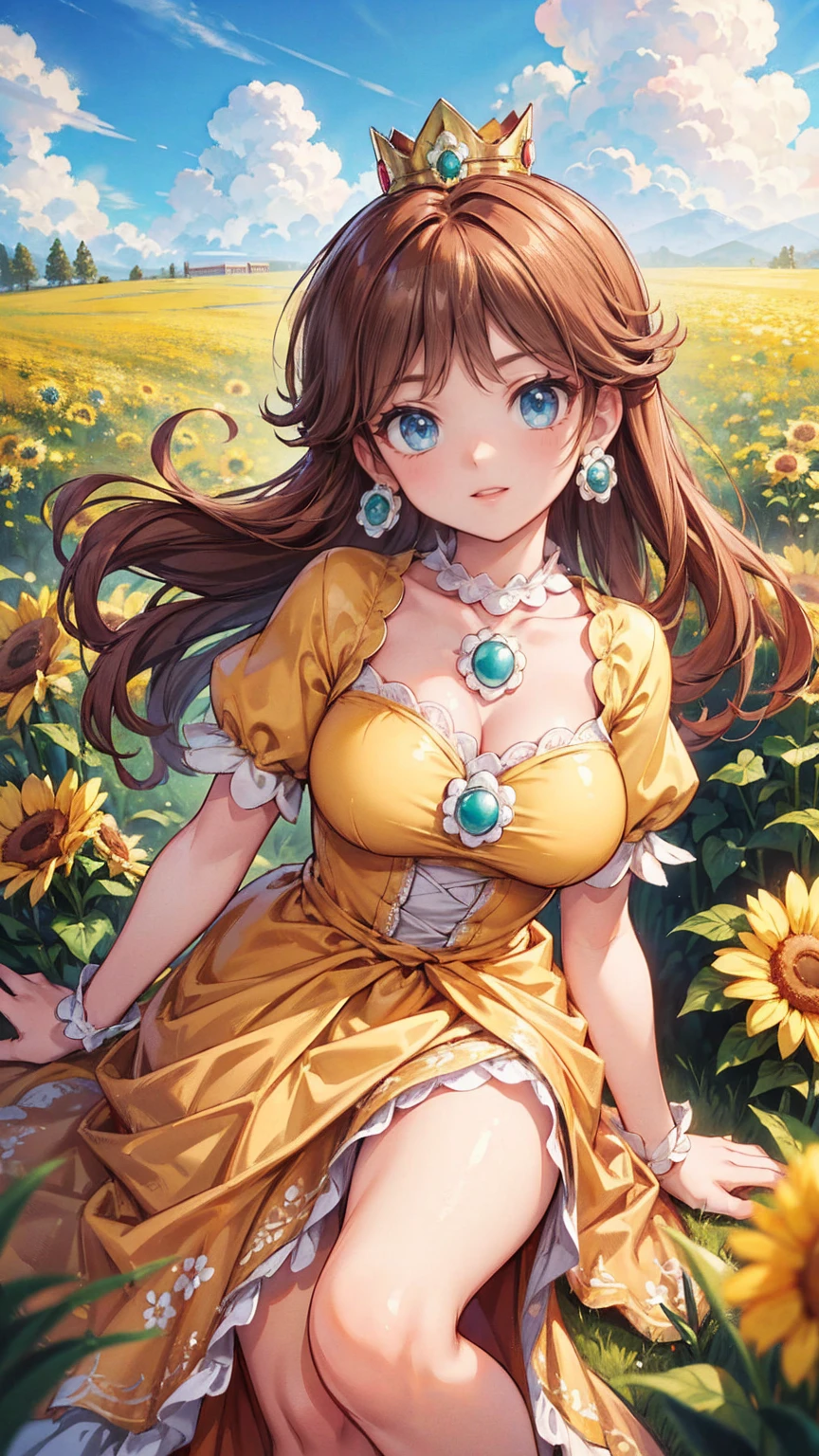 ((((masterpiece, best quality ,Ultra delicate, perfect face,detailed face,Detailed eyes,16k,high resolution,solo)))),Princess daisy super mario, brown hair, blue eyes, short products hair, gold princess crown, flower earrings, yellow long dress, puffy short sleeves, flower brooch, smile, flower garden, sky, cloudy sky, anime waifu style,full body shot,large breasts