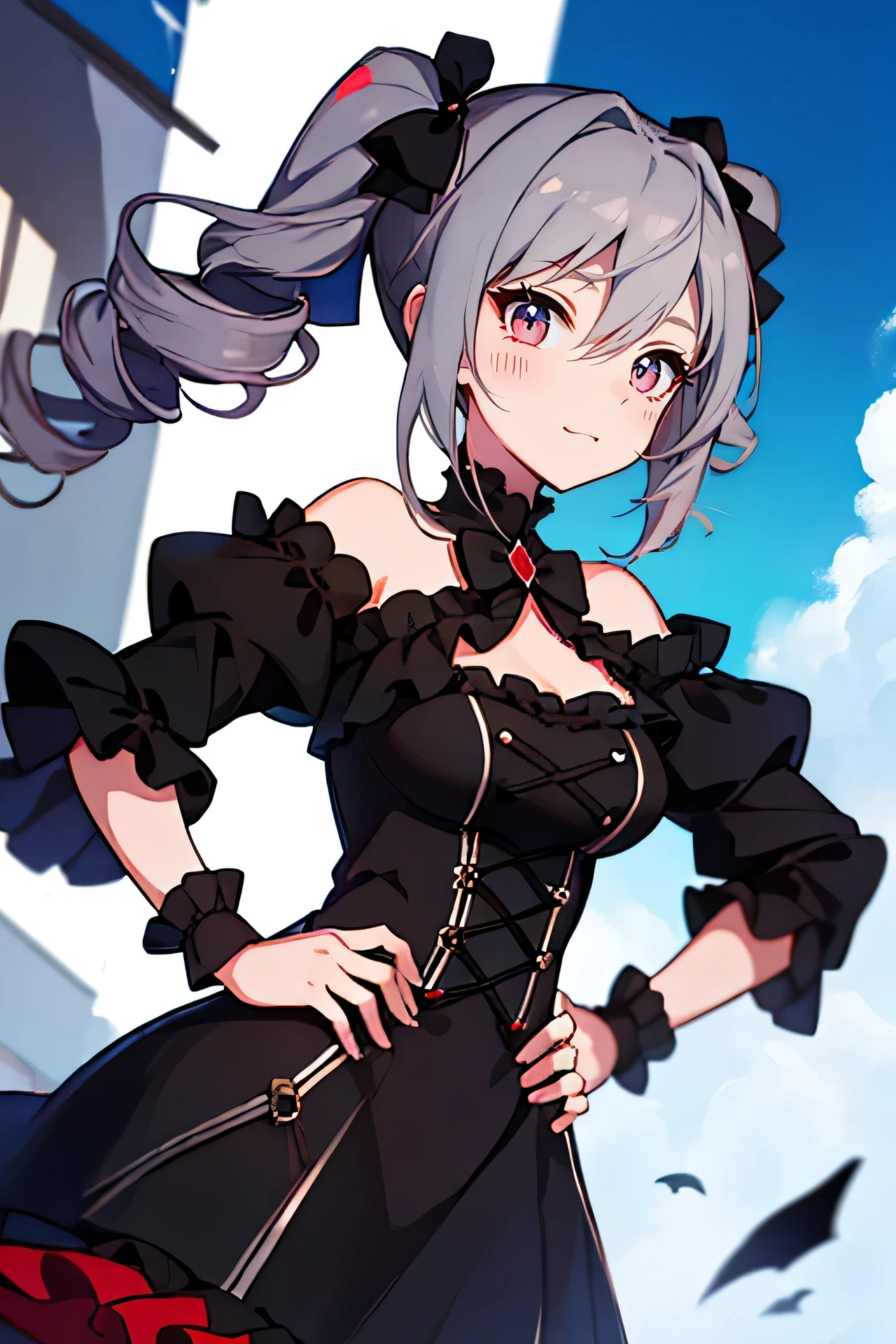 score_9,score_8_up,score_7_up,1girl,solo,cowboy shot,looking at viewer,smirk,closed mouth,hands on hips,outdoors,
cgkrk, grey hair,twin drills,hair between eyes,red eyes, black bow,black dress,off shoulder,frills,puffy sleeves