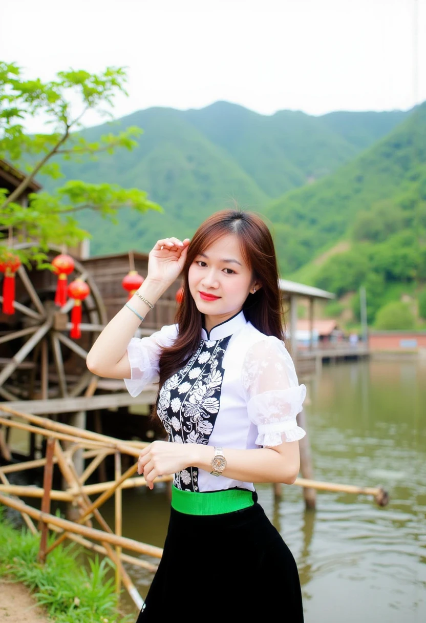 ctai, dantochaitrang,A young woman in traditional Vietnamese Thai ethnic clothing poses outdoors near a peaceful river with a wooden waterwheel and a backdrop of lush green hills. She wears a white and black patterned top, a white embroidered blouse, and a black skirt with a green elastic band. The backdrop is vibrant with natural beauty, including bamboo structures and red ornaments on nearby trees, giving the scene a lively and cultural atmosphere